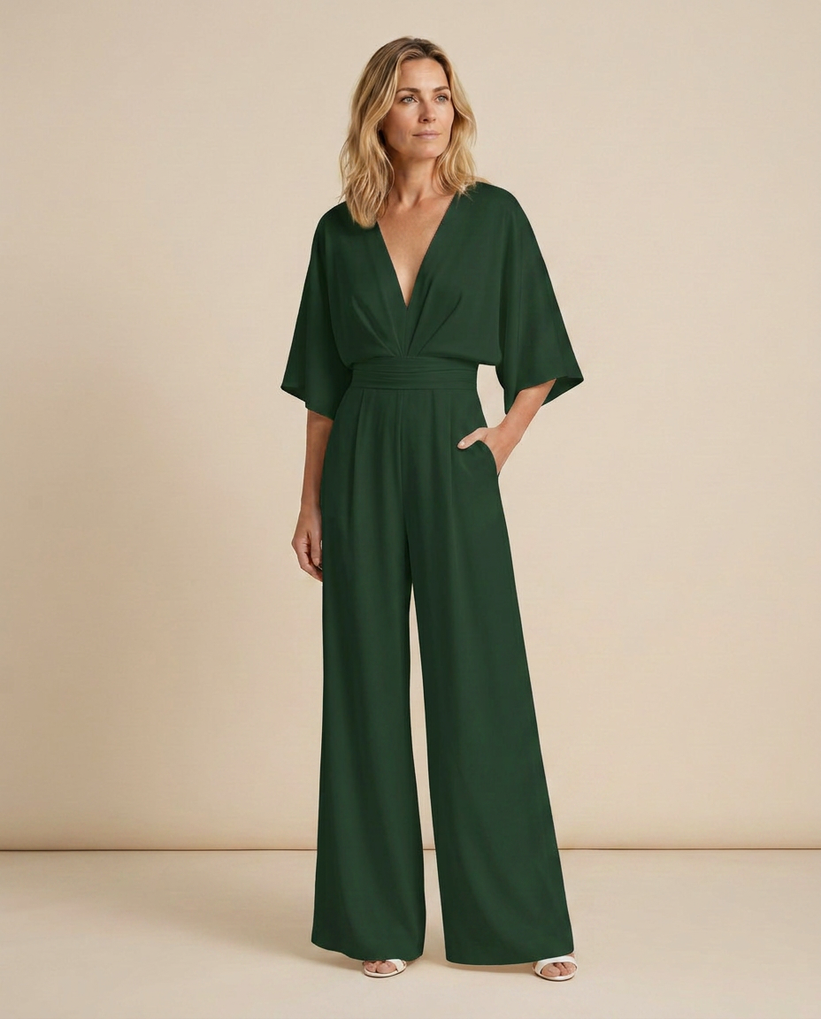 EVIE | V Neck Short Sleeve Wide Leg Jumpsuit
