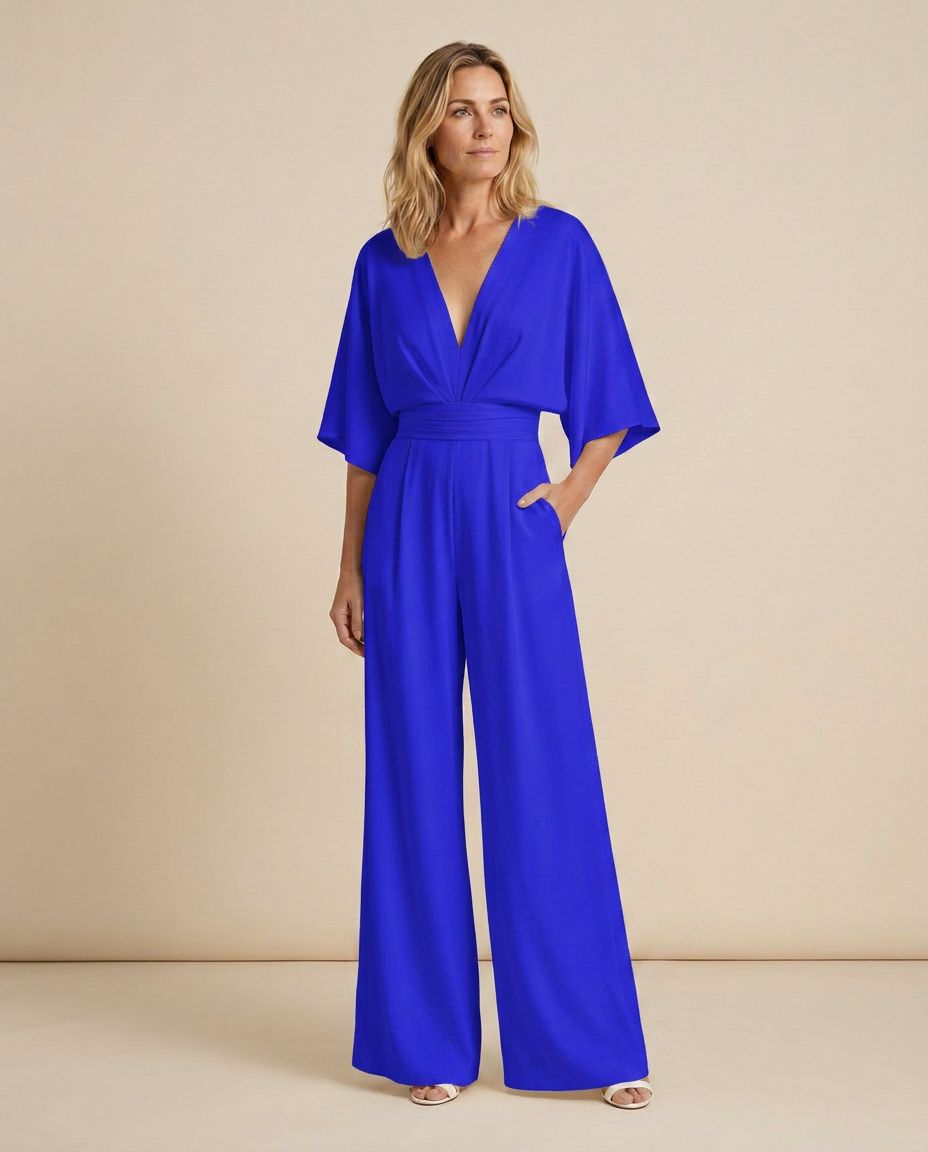EVIE | V Neck Short Sleeve Wide Leg Jumpsuit
