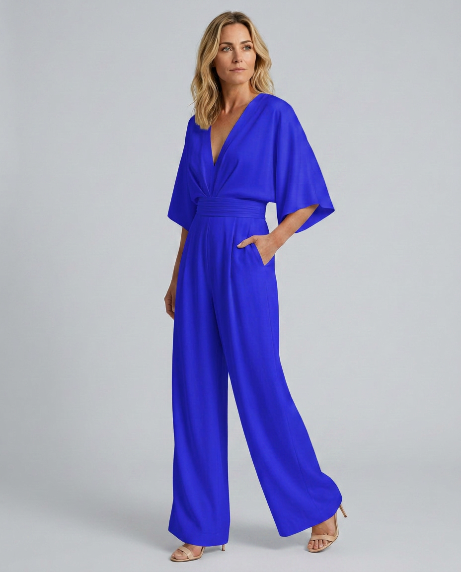 EVIE | V Neck Short Sleeve Wide Leg Jumpsuit