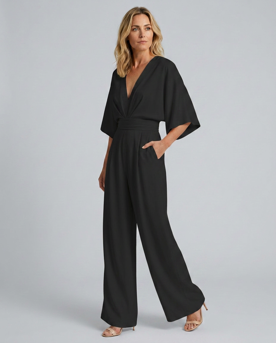 EVIE | V Neck Short Sleeve Wide Leg Jumpsuit