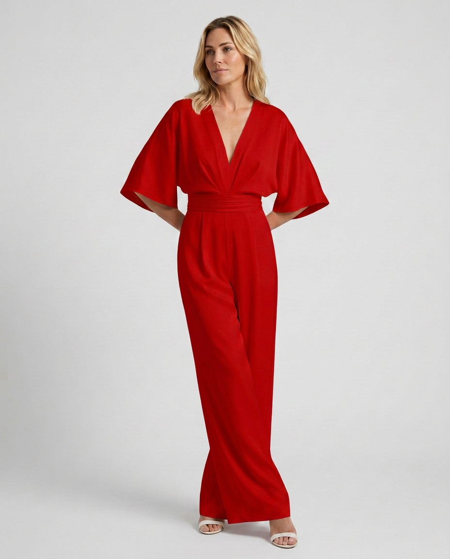 EVIE | V Neck Short Sleeve Wide Leg Jumpsuit