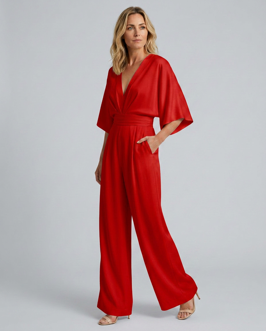 EVIE | V Neck Short Sleeve Wide Leg Jumpsuit