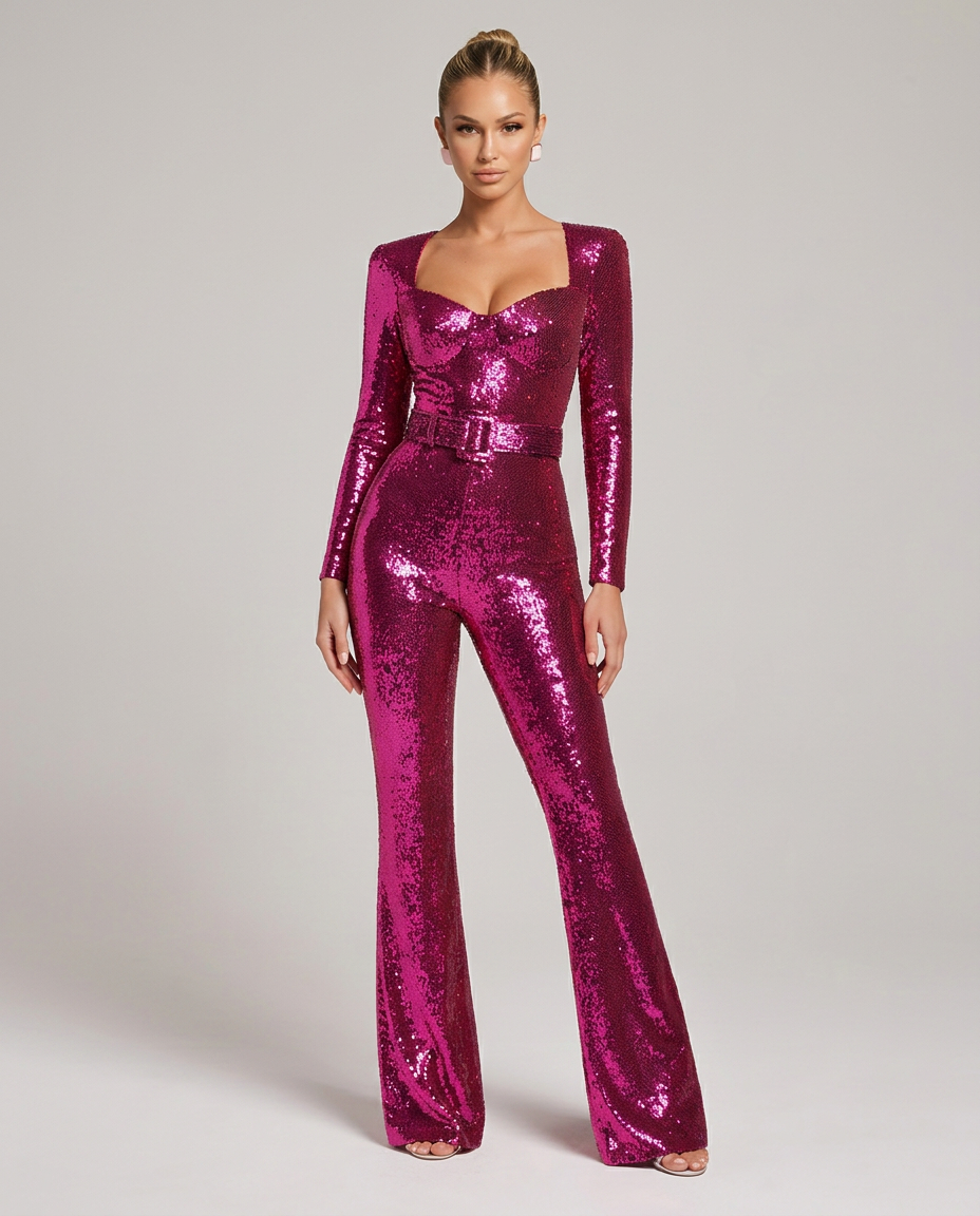 EVIE | Sequin Long Sleeve Belted Jumpsuit