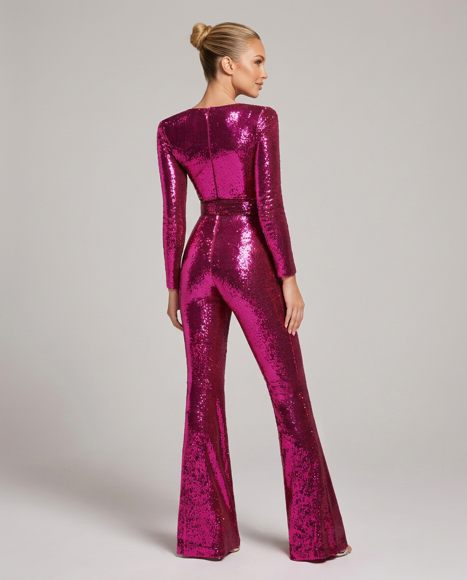 EVIE | Sequin Long Sleeve Belted Jumpsuit
