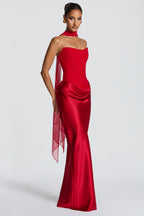EVIE | Satin-Look Wrap Tie-Up Strapless Maxi Dress
