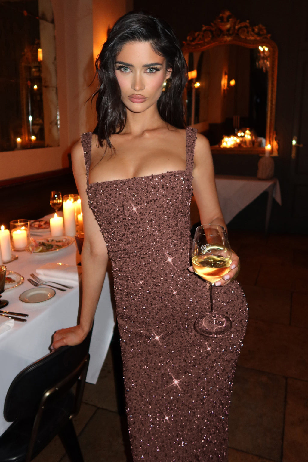 EVIE | Sequin Tie-Up Square Neck Maxi Dress