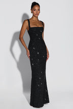 EVIE | Sequin Tie-Up Square Neck Maxi Dress
