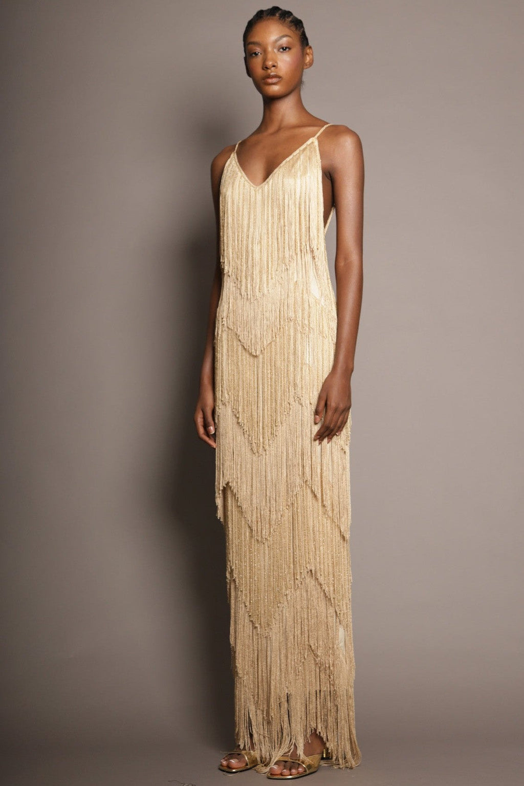 EVIE | Fringe Tiered V-Neck Cami Maxi Dress