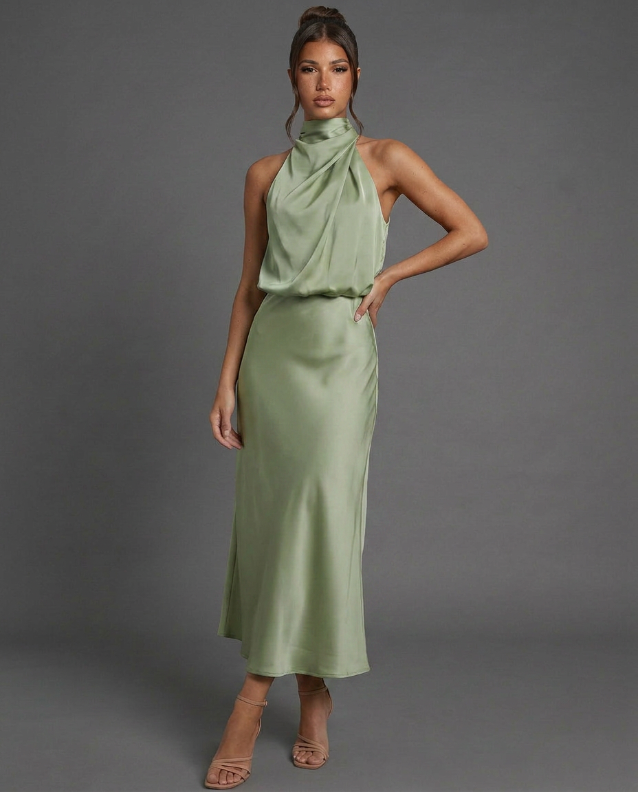 EVIE | Draped Halter Neck Satin-Look Midi Dress