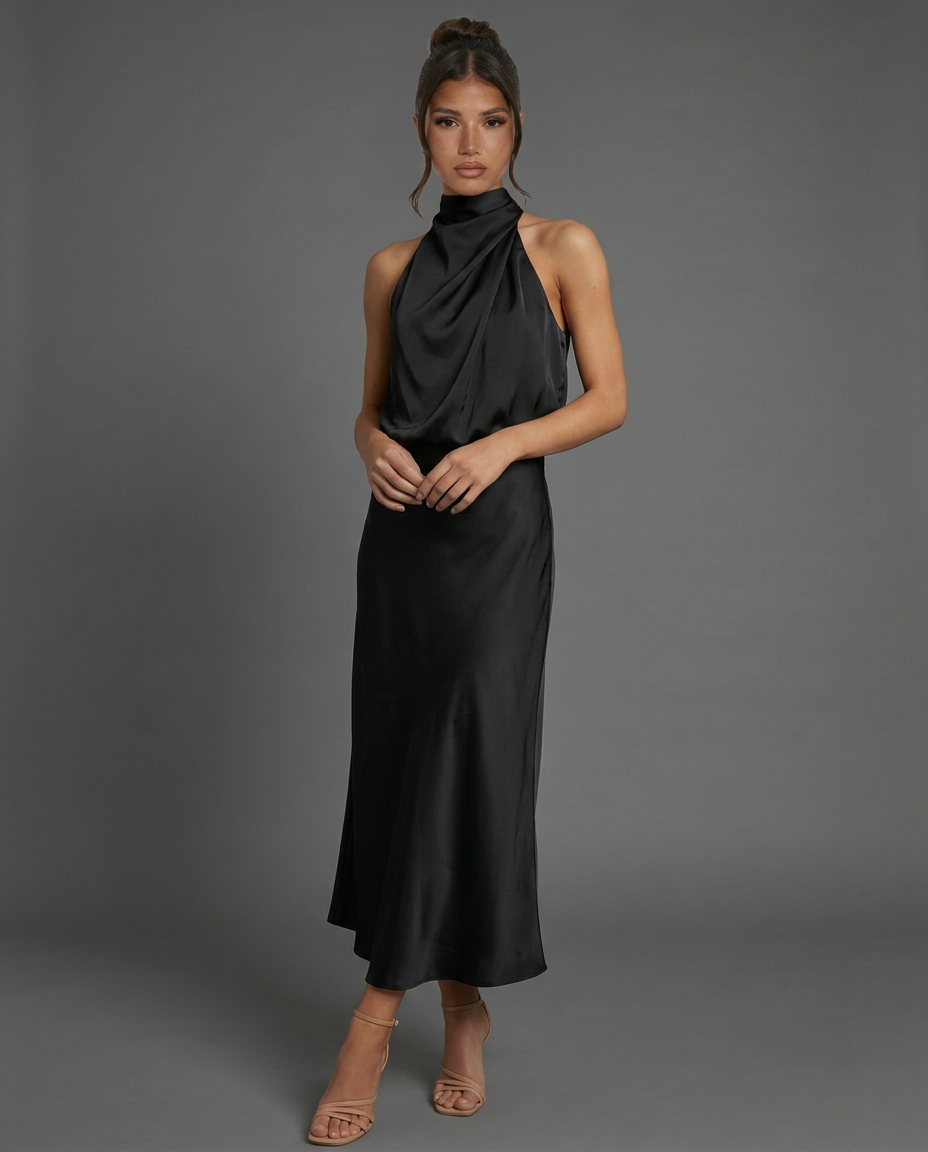 EVIE | Draped Halter Neck Satin-Look Midi Dress