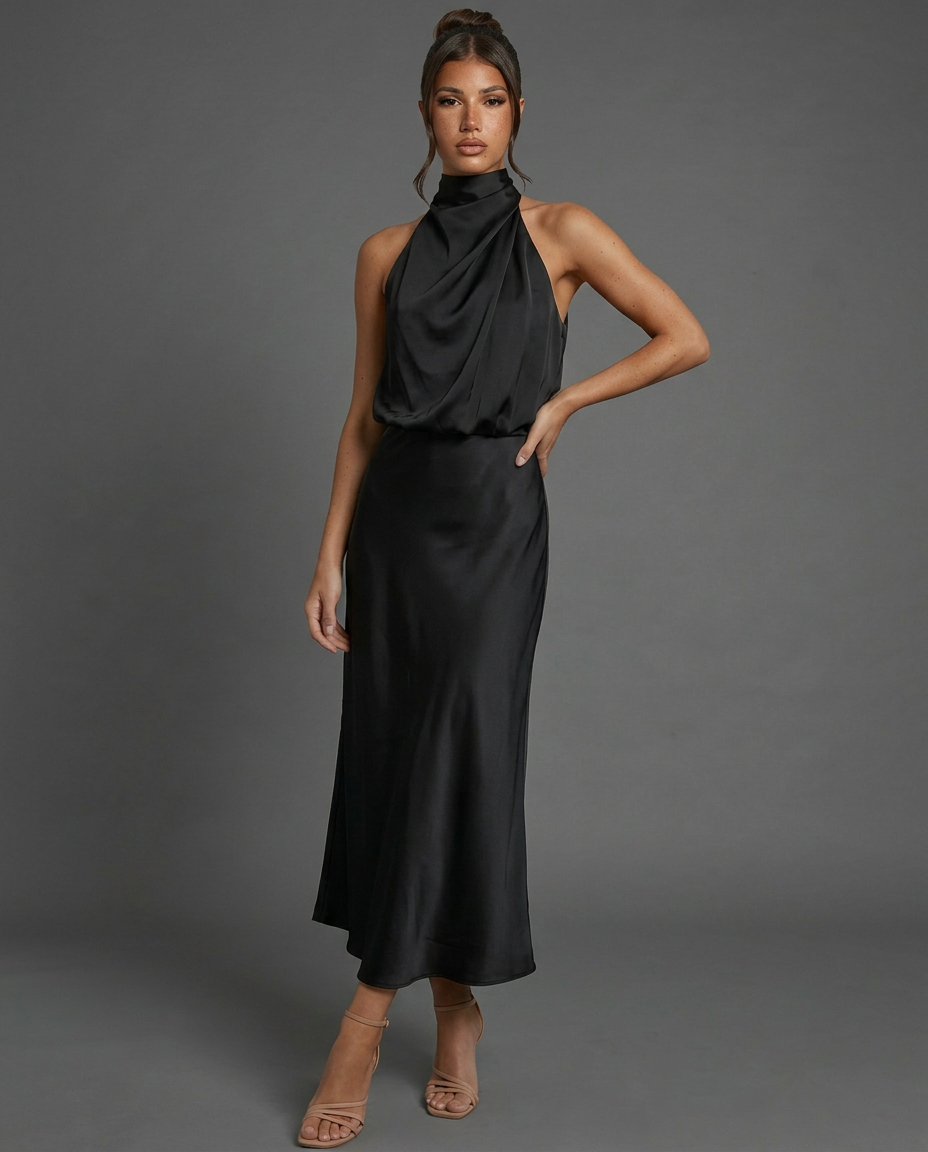 EVIE | Draped Halter Neck Satin-Look Midi Dress
