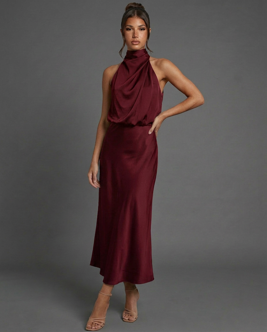 EVIE | Draped Halter Neck Satin-Look Midi Dress