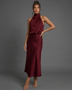 EVIE | Draped Halter Neck Satin-Look Midi Dress