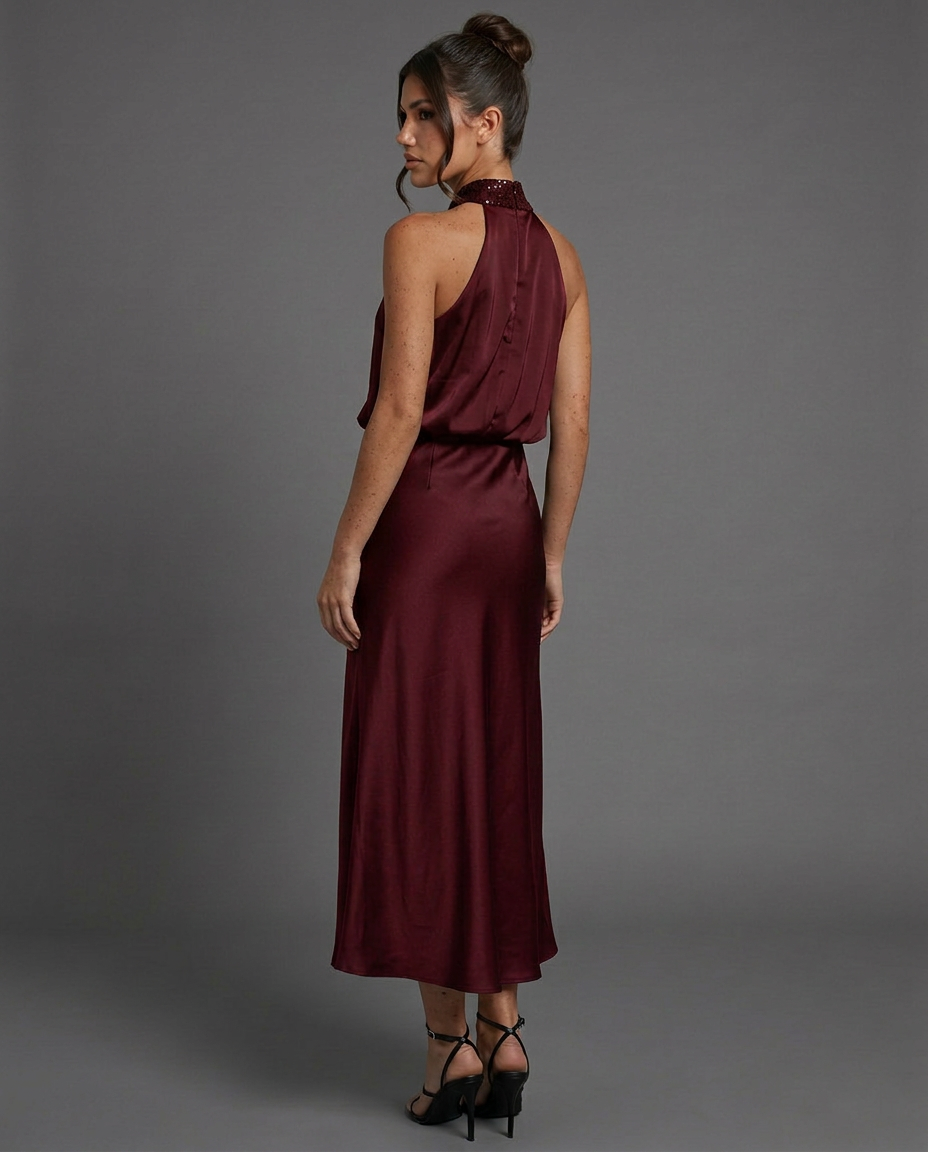 EVIE | Draped Halter Neck Satin-Look Midi Dress