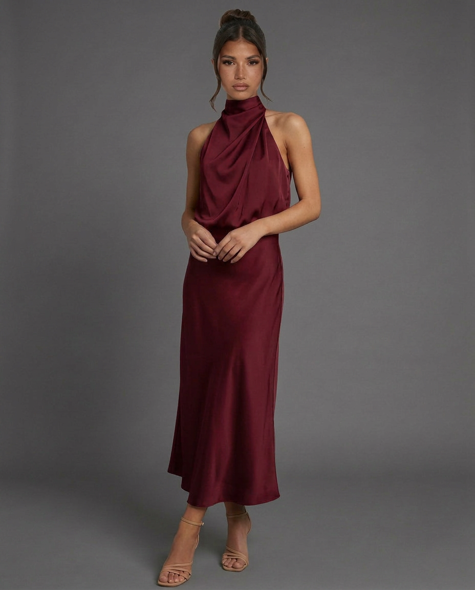EVIE | Draped Halter Neck Satin-Look Midi Dress