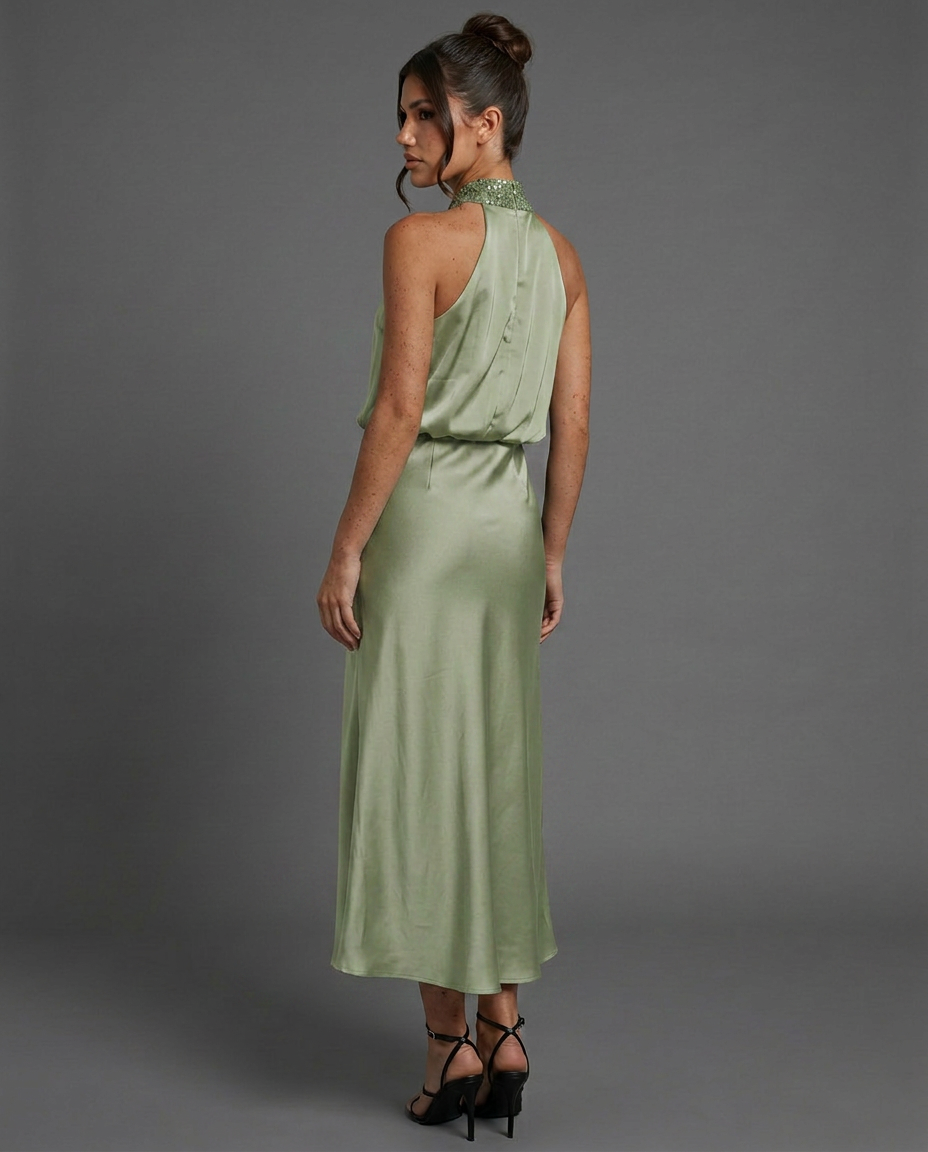 EVIE | Draped Halter Neck Satin-Look Midi Dress