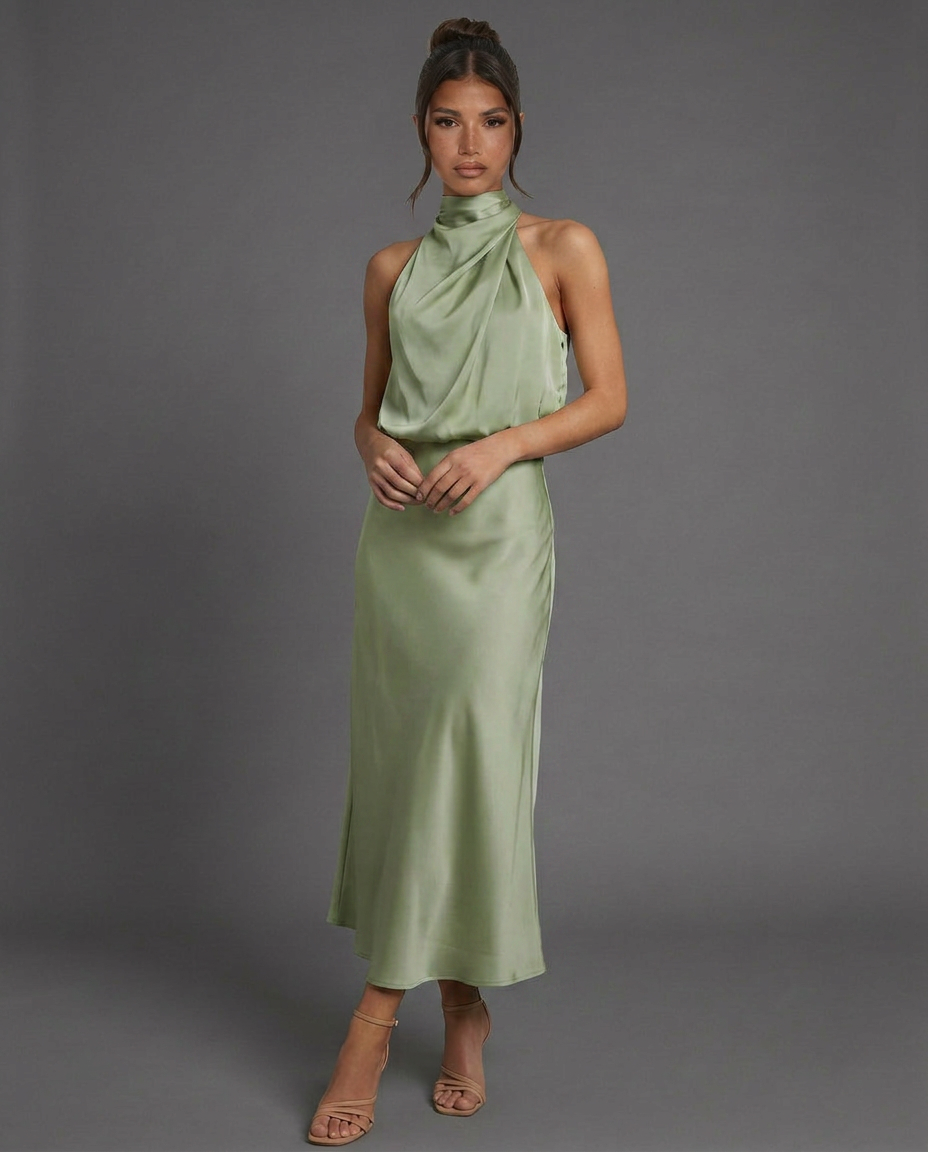 EVIE | Draped Halter Neck Satin-Look Midi Dress