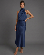 EVIE | Draped Halter Neck Satin-Look Midi Dress