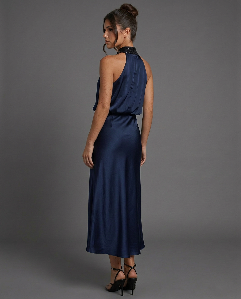 EVIE | Draped Halter Neck Satin-Look Midi Dress