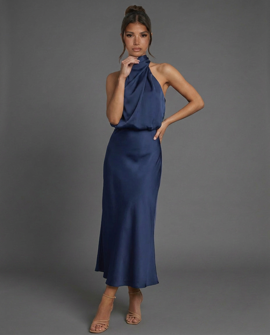 EVIE | Draped Halter Neck Satin-Look Midi Dress