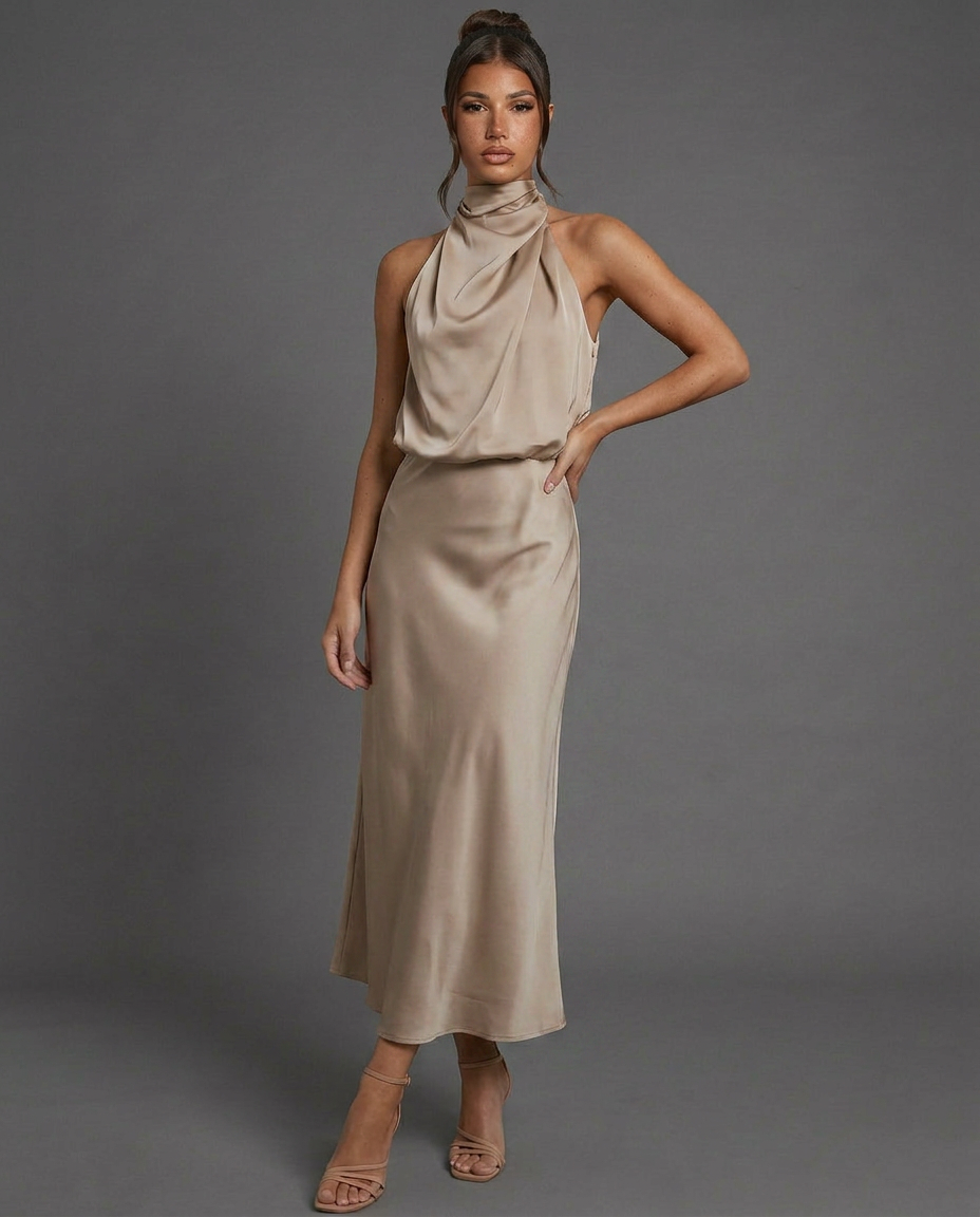 EVIE | Draped Halter Neck Satin-Look Midi Dress