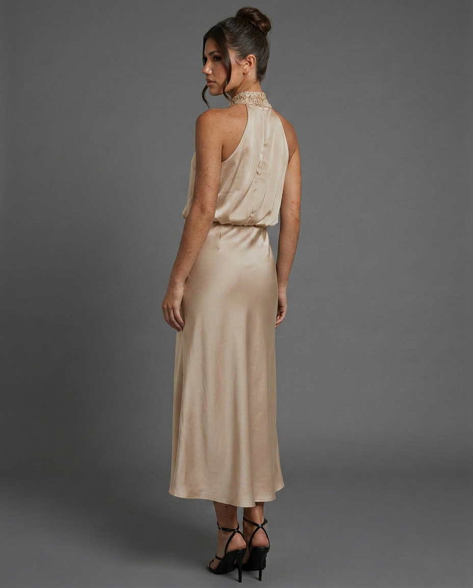 EVIE | Draped Halter Neck Satin-Look Midi Dress
