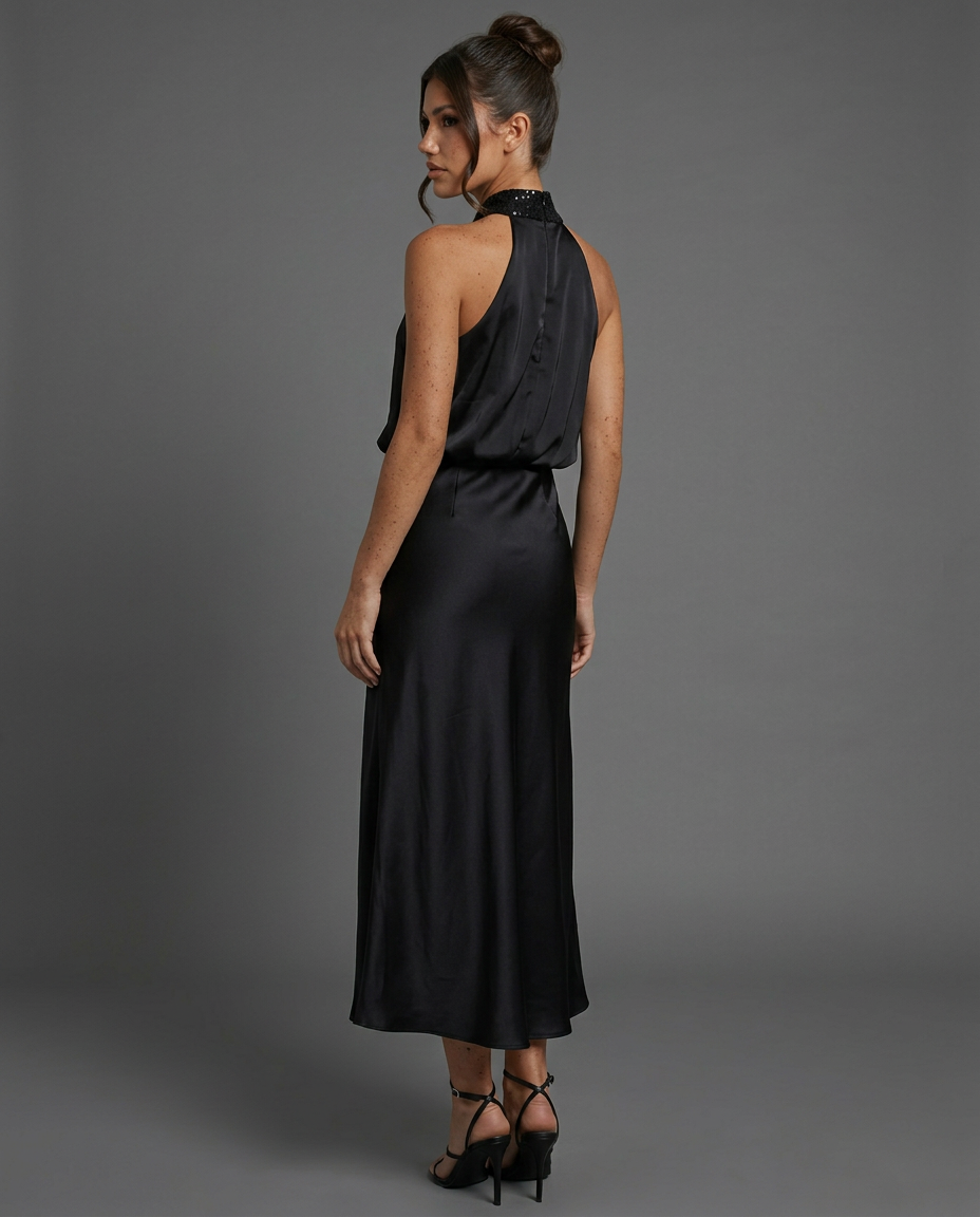 EVIE | Draped Halter Neck Satin-Look Midi Dress