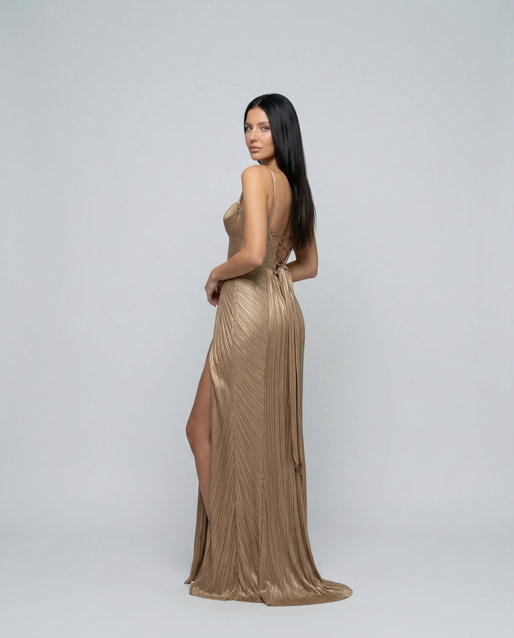 EVIE | Glossy Pleated Corset Maxi Dress