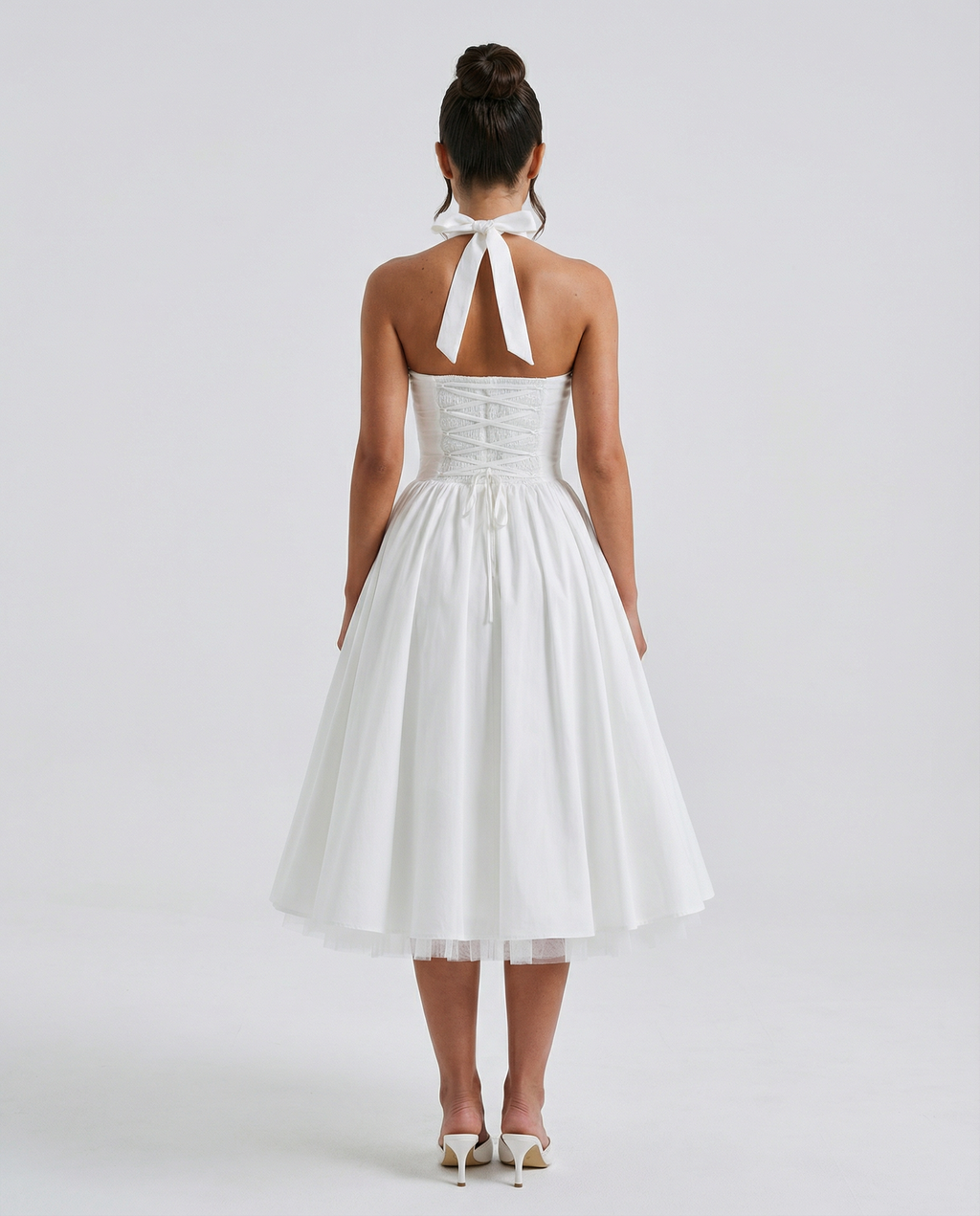 EVIE | Halter Neck Lace-Up Back Tulle Midi Dress