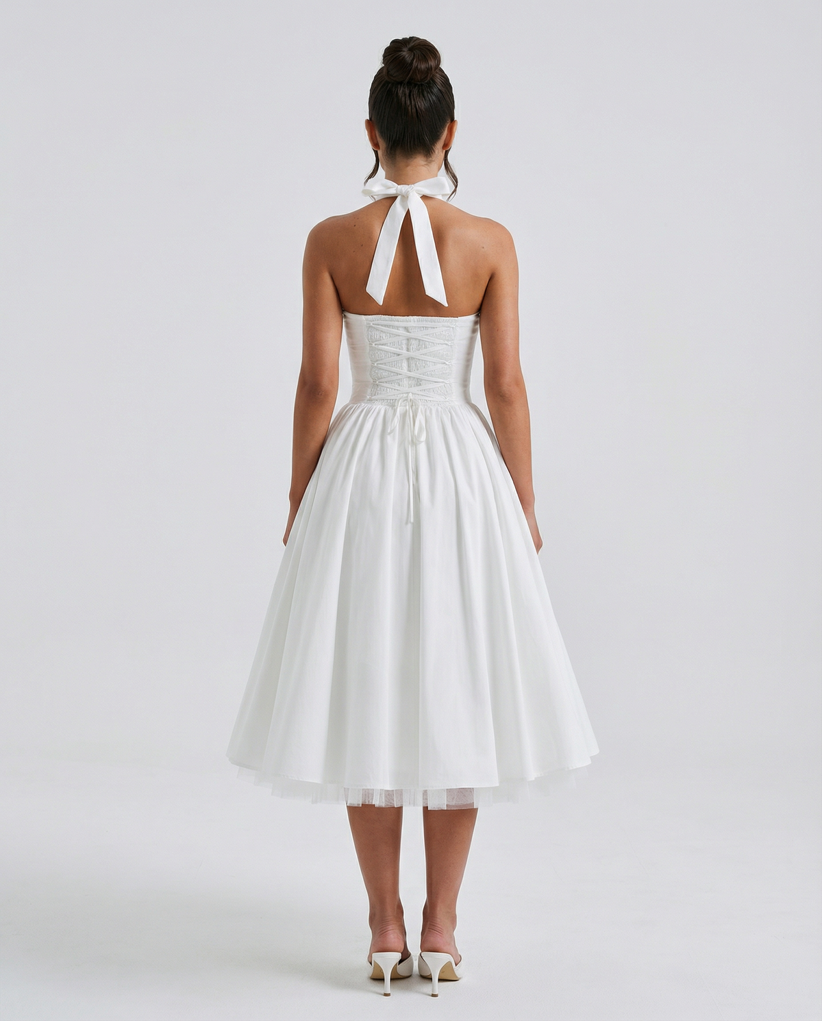 EVIE | Halter Neck Lace-Up Back Tulle Midi Dress