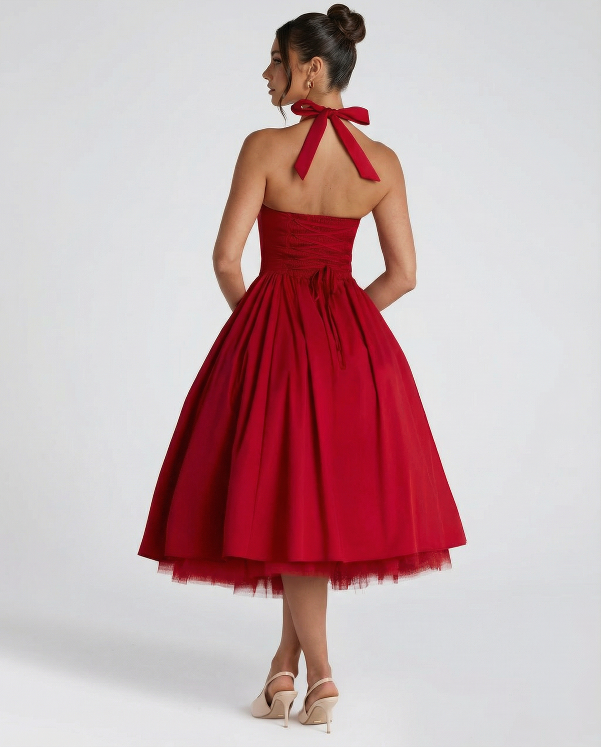 EVIE | Halter Neck Lace-Up Back Tulle Midi Dress