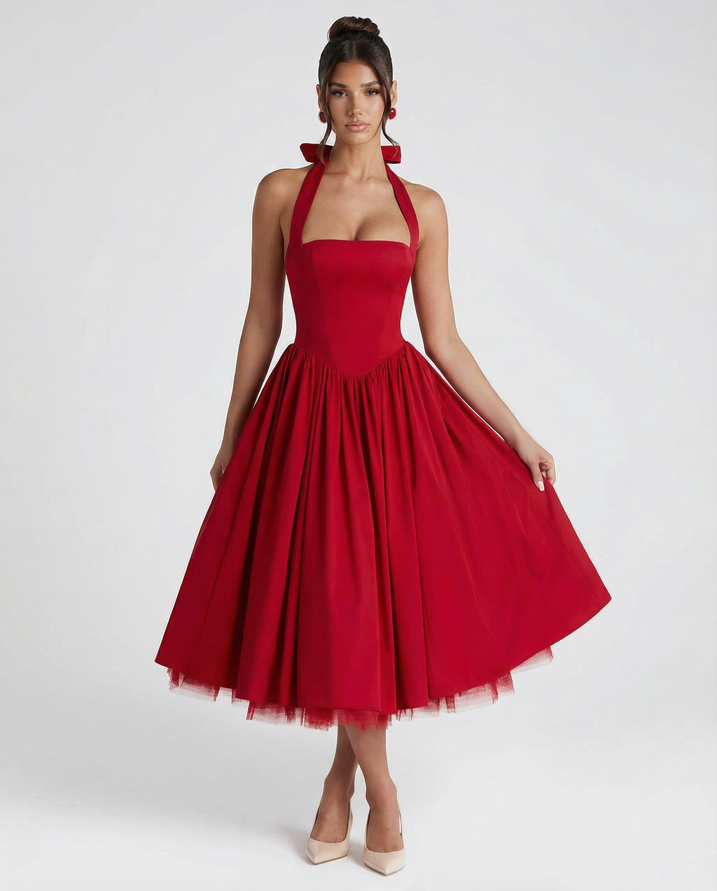 EVIE | Halter Neck Lace-Up Back Tulle Midi Dress