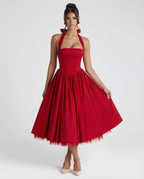 EVIE | Halter Neck Lace-Up Back Tulle Midi Dress