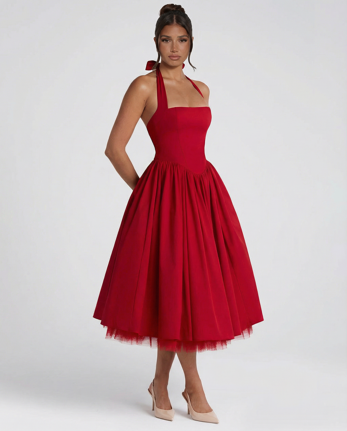 EVIE | Halter Neck Lace-Up Back Tulle Midi Dress
