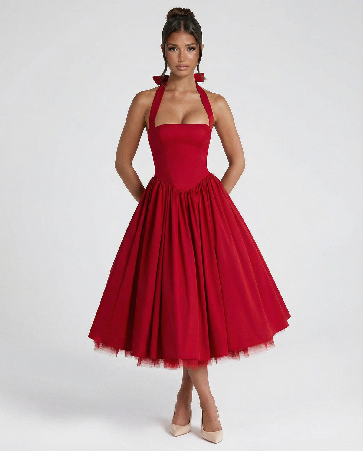 EVIE | Halter Neck Lace-Up Back Tulle Midi Dress
