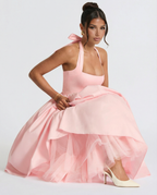 EVIE | Halter Neck Lace-Up Back Tulle Midi Dress