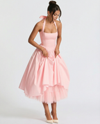 EVIE | Halter Neck Lace-Up Back Tulle Midi Dress
