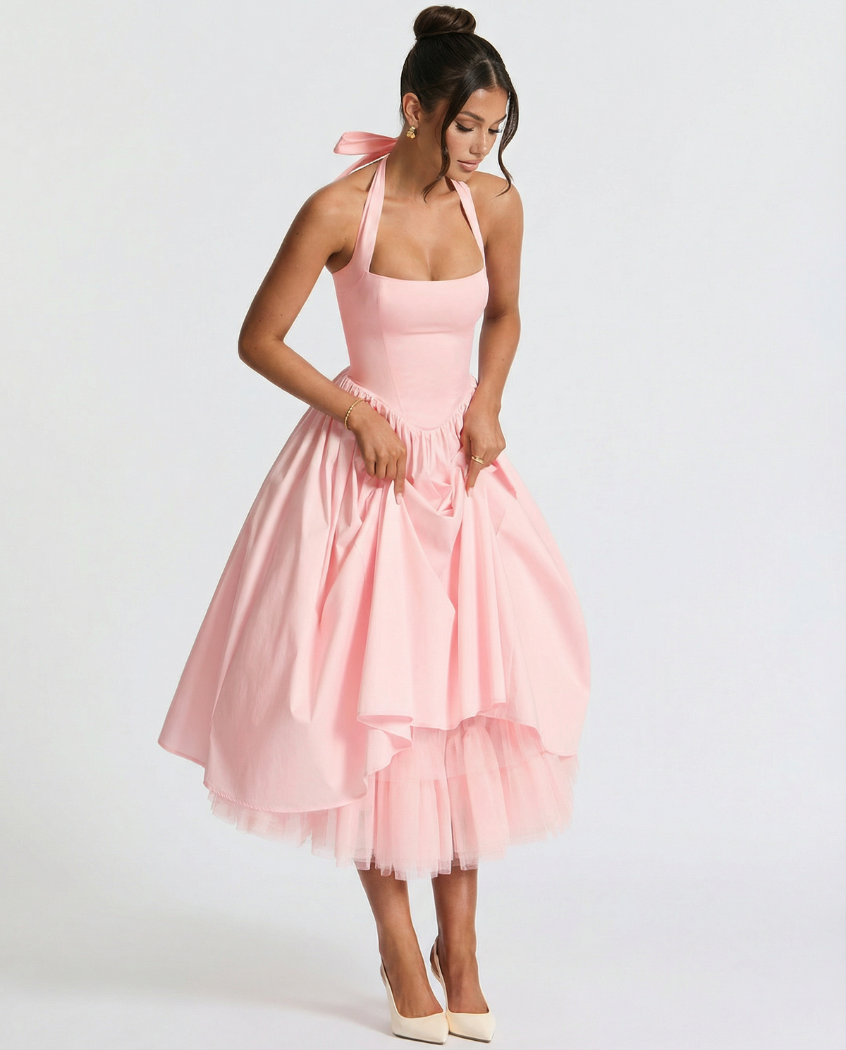 EVIE | Halter Neck Lace-Up Back Tulle Midi Dress
