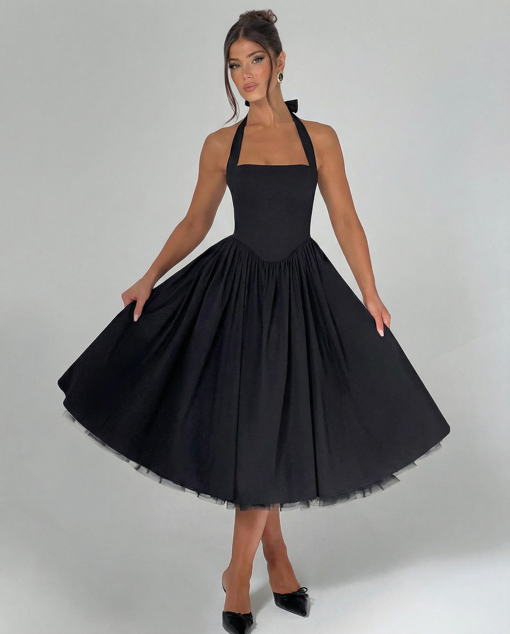 EVIE | Halter Neck Lace-Up Back Tulle Midi Dress