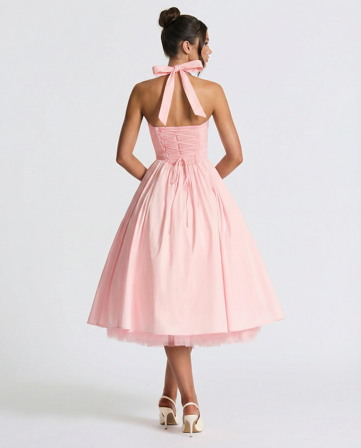 EVIE | Halter Neck Lace-Up Back Tulle Midi Dress