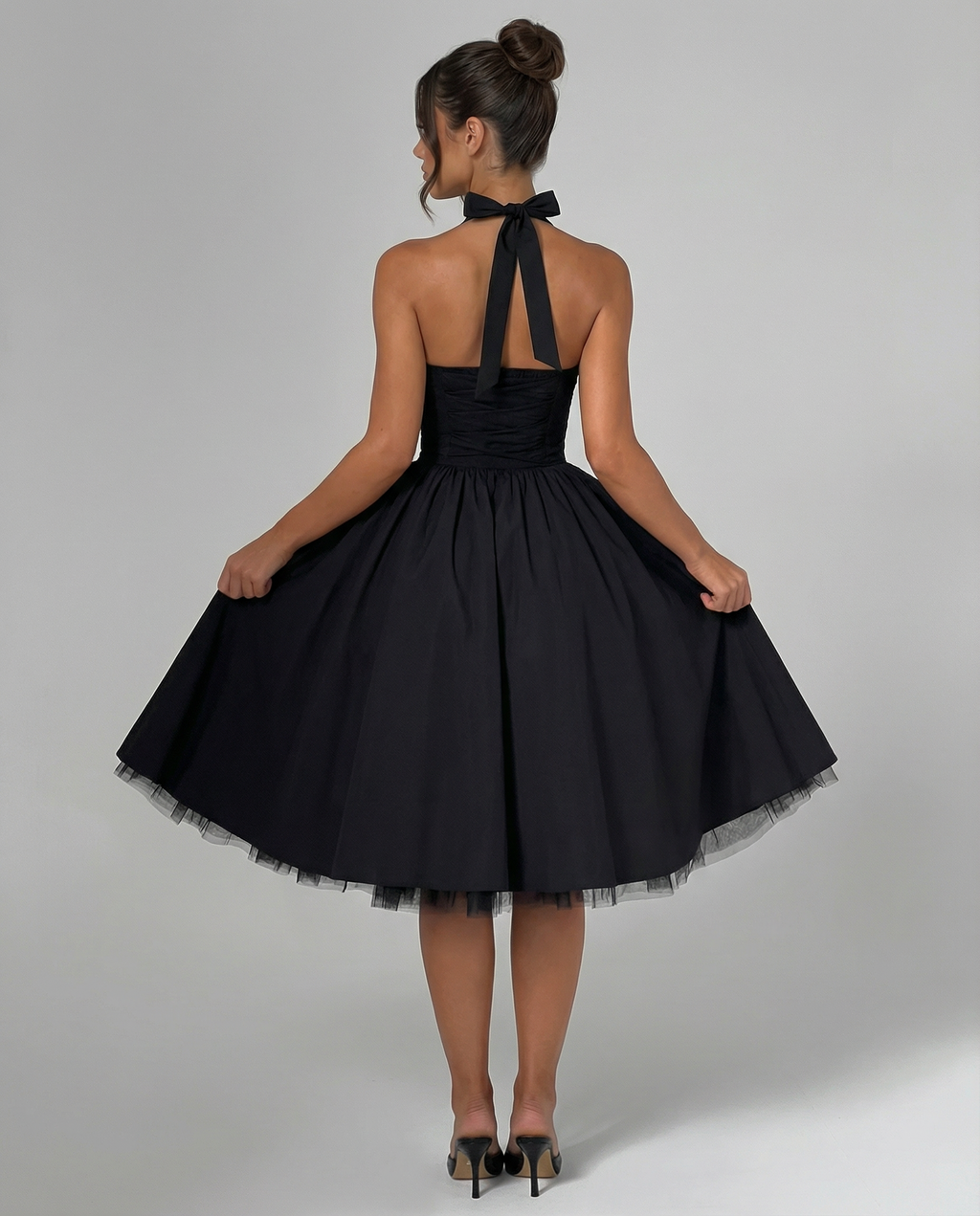 EVIE | Halter Neck Lace-Up Back Tulle Midi Dress