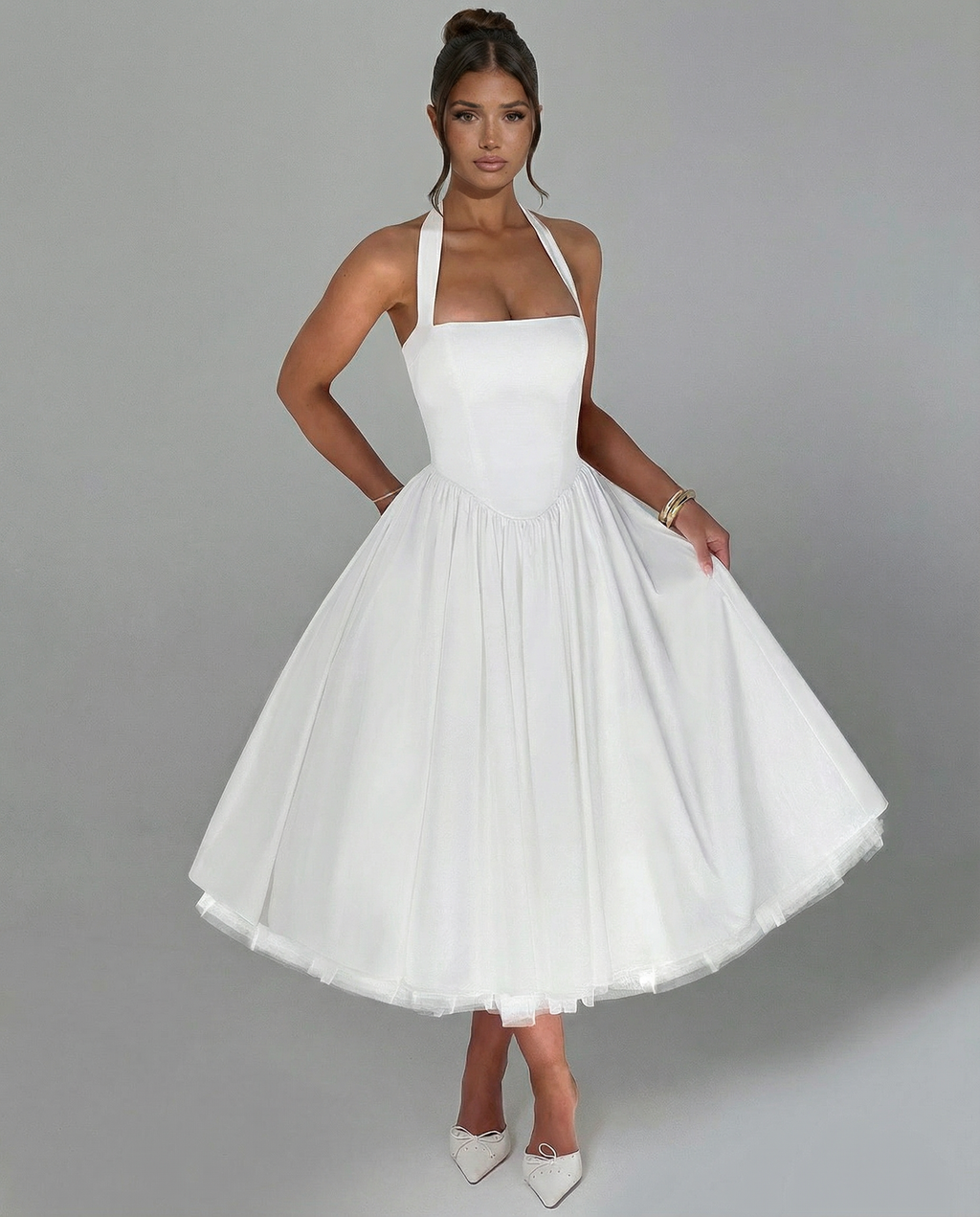 EVIE | Halter Neck Lace-Up Back Tulle Midi Dress