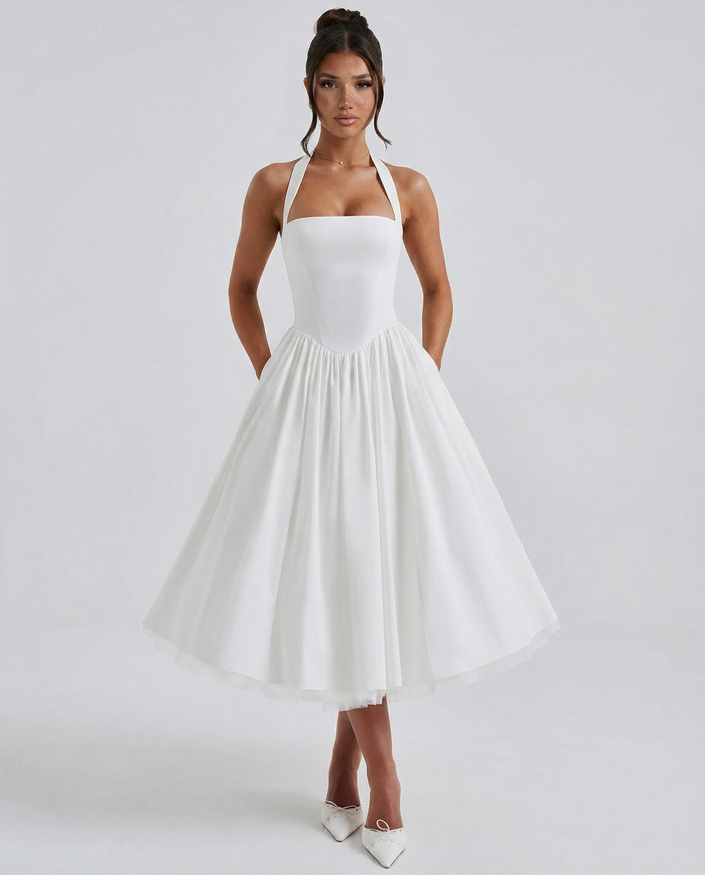 EVIE | Halter Neck Lace-Up Back Tulle Midi Dress