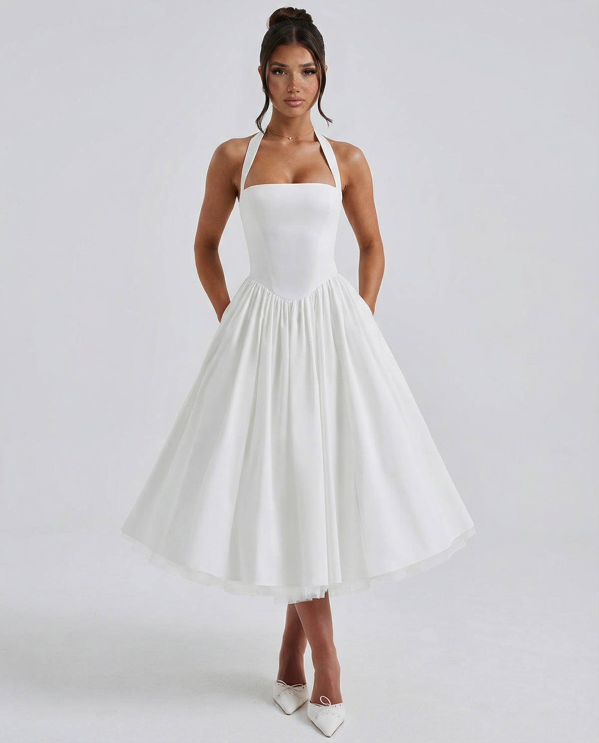 EVIE | Halter Neck Lace-Up Back Tulle Midi Dress