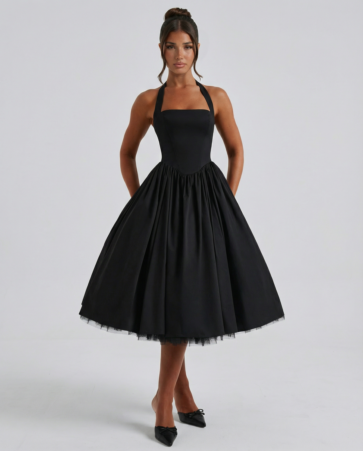 EVIE | Halter Neck Lace-Up Back Tulle Midi Dress