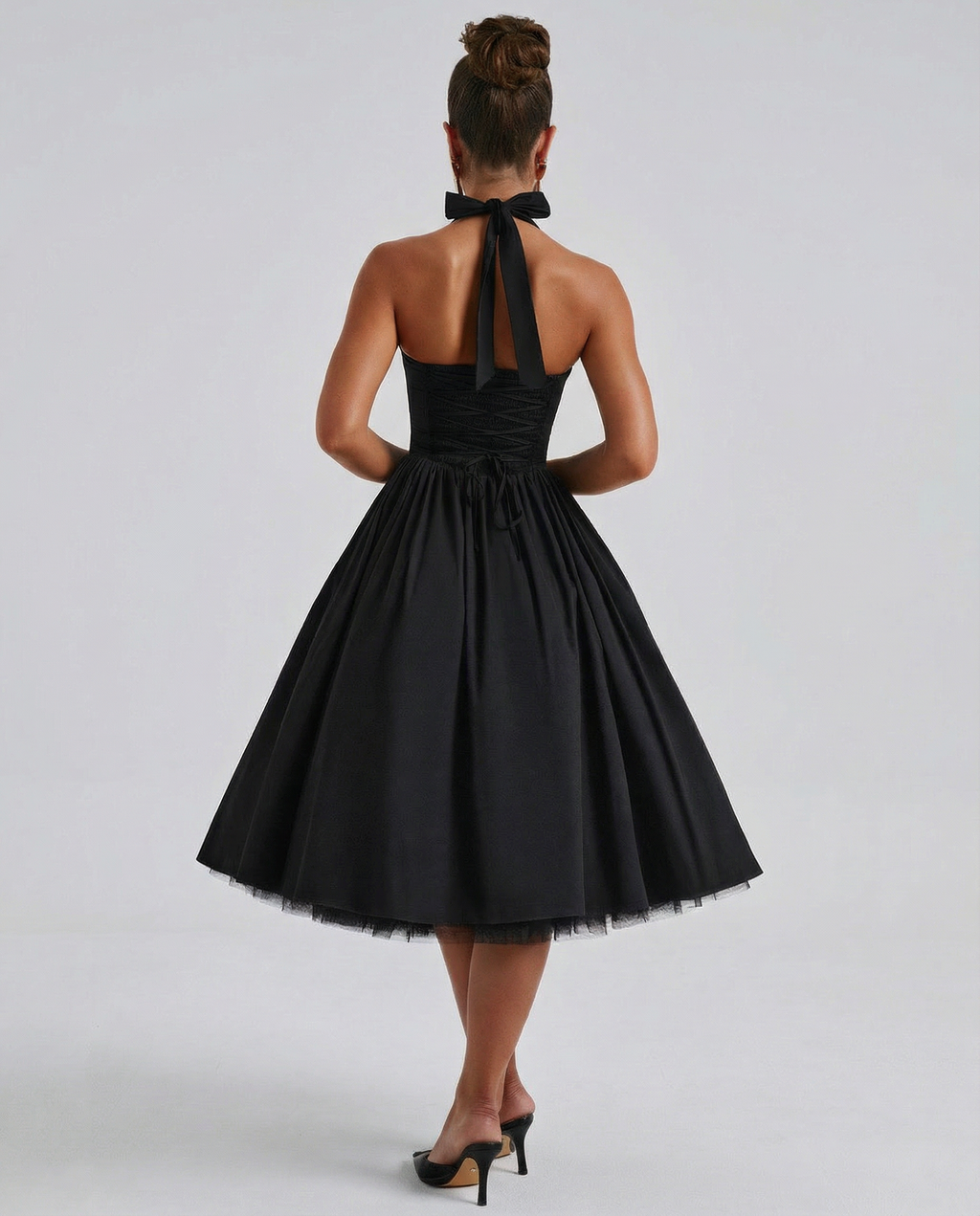 EVIE | Halter Neck Lace-Up Back Tulle Midi Dress