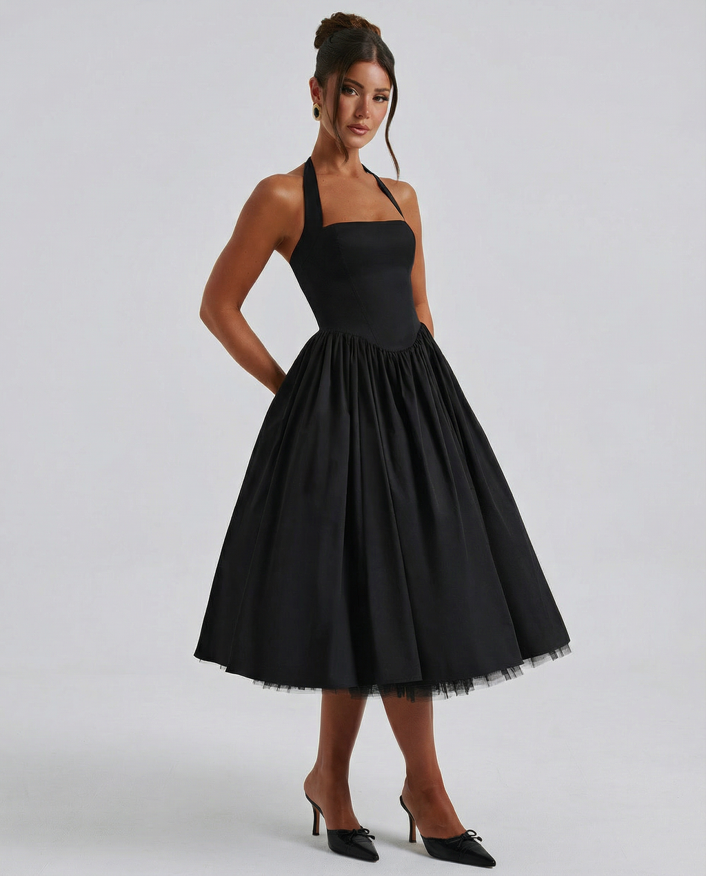 EVIE | Halter Neck Lace-Up Back Tulle Midi Dress