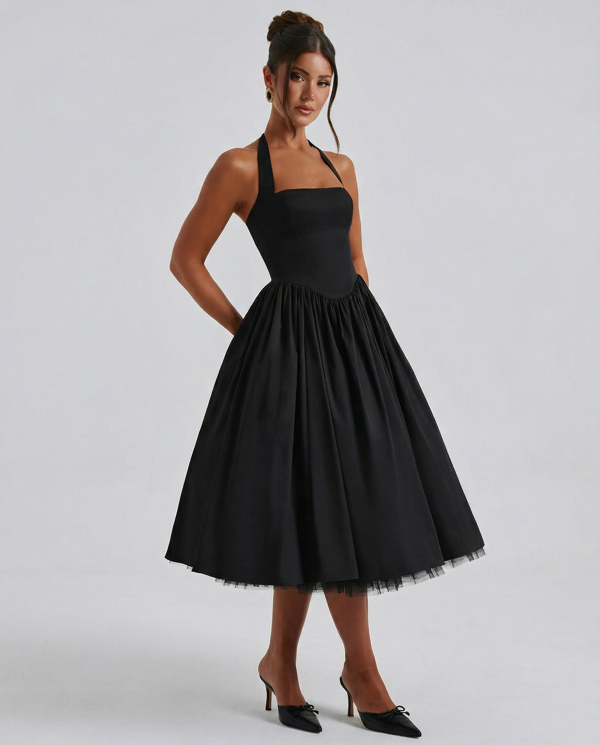 EVIE | Halter Neck Lace-Up Back Tulle Midi Dress