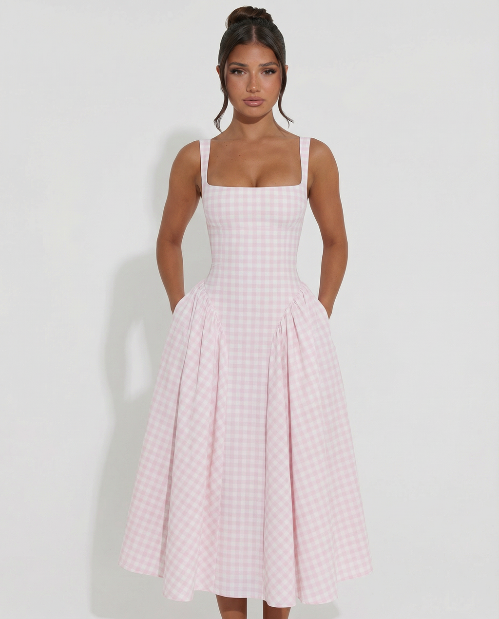 EVIE | Gingham Corset Square Neck Midi Dress