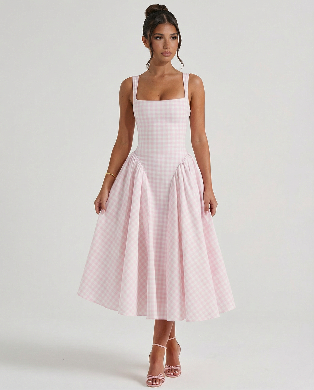 EVIE | Gingham Corset Square Neck Midi Dress